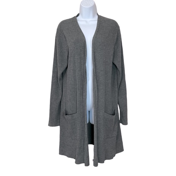 Eileen Fisher Washable Wool Ribbed Long Charcoal Gray Cardigan Sweater - Picture 2 of 5